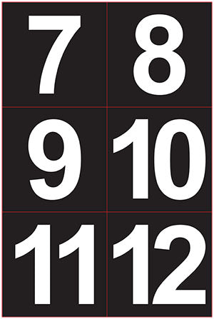 PN-4-W-7-12 Pump Numbers 7-12 White on Black 4" x 4"